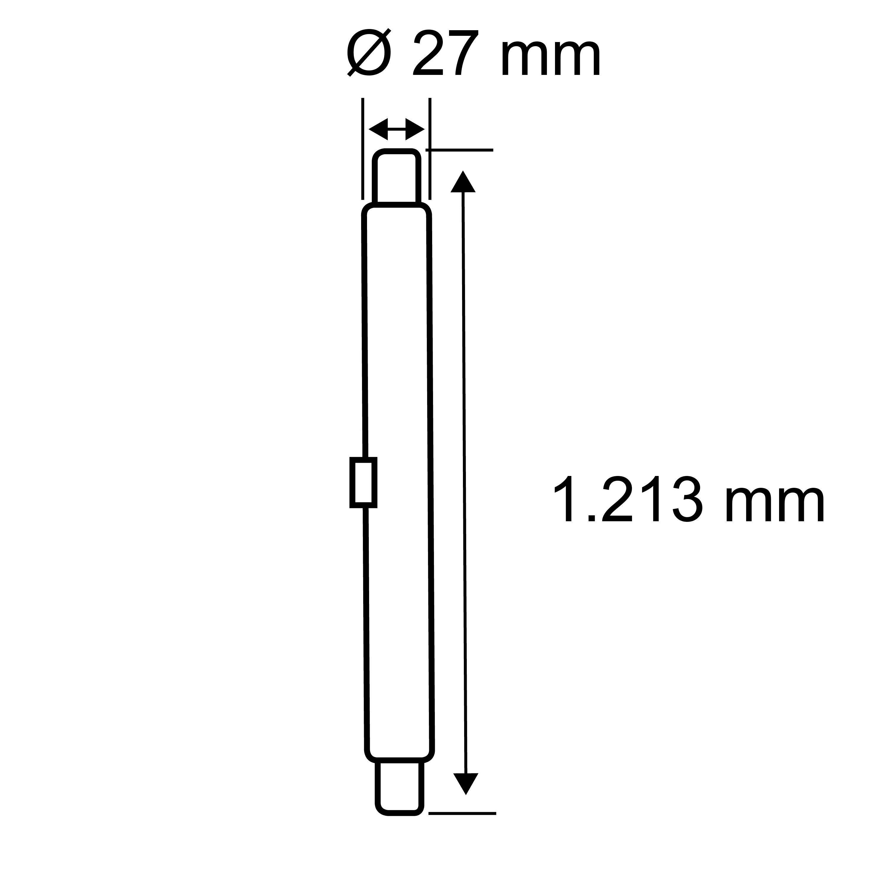 Műszaki rajz egy 27 mm átmérőjű és 1.213 mm hosszúságú hengerről.
