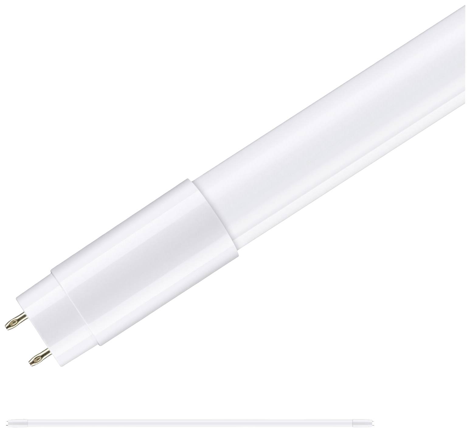 Fehér LED-cső két fém csatlakozóval az egyik végén, alkalmas energiatakarékos beltéri világításhoz.