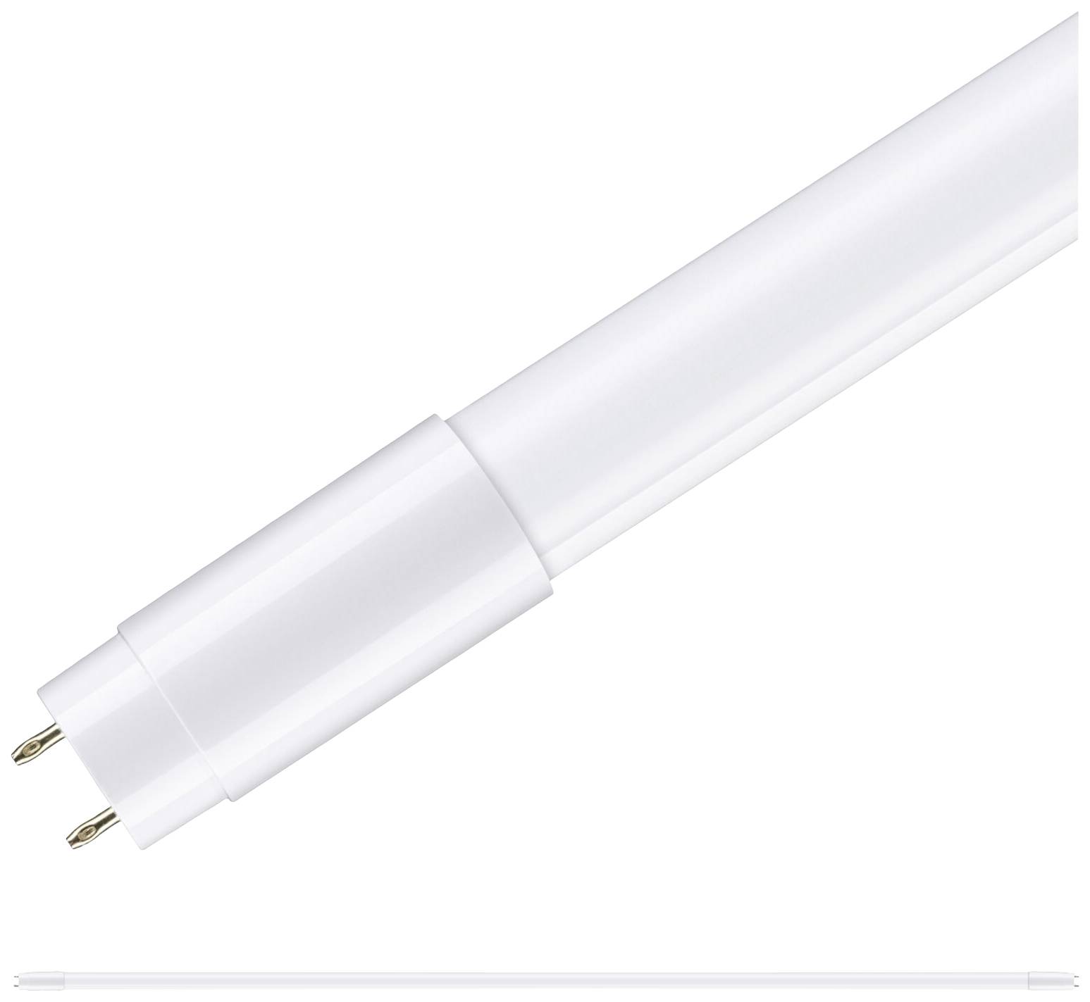 Fehér LED-fénycső két fémcsappal az egyik végén, alkalmas hagyományos fénycsövek cseréjére.