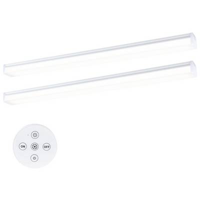 Két LED-fénysáv egy kerek távirányítóval. A távirányítón négy gomb található a 'Be', 'Ki' és fényerő-beállítások vezérléséhez.