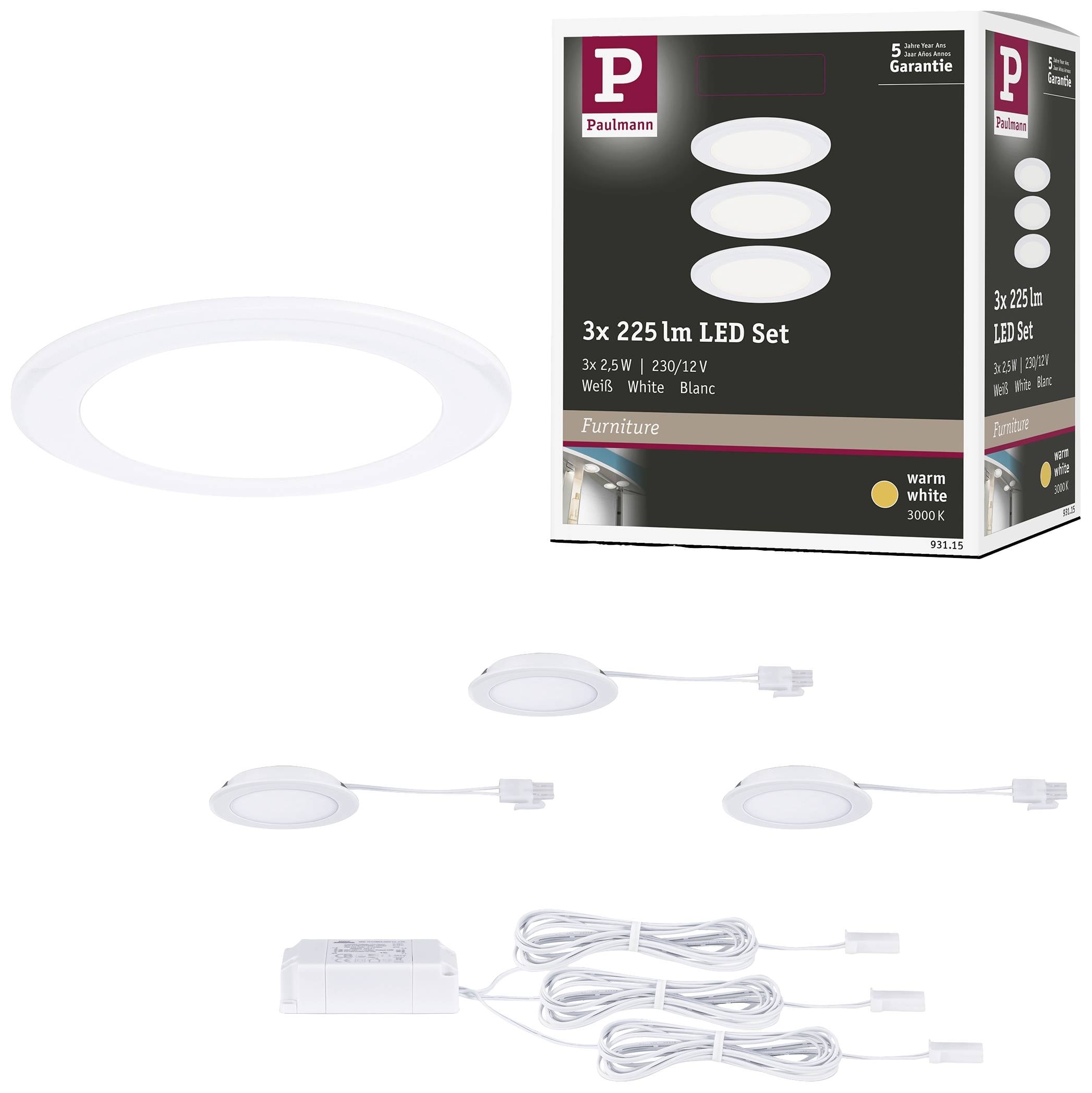 LED-es beépíthető lámpaszett bútormegvilágításhoz, 3x 225 lumen, 2900 Kelvin, melegfehér. Tartalmaz lámpákat és fehér transzformátort.
