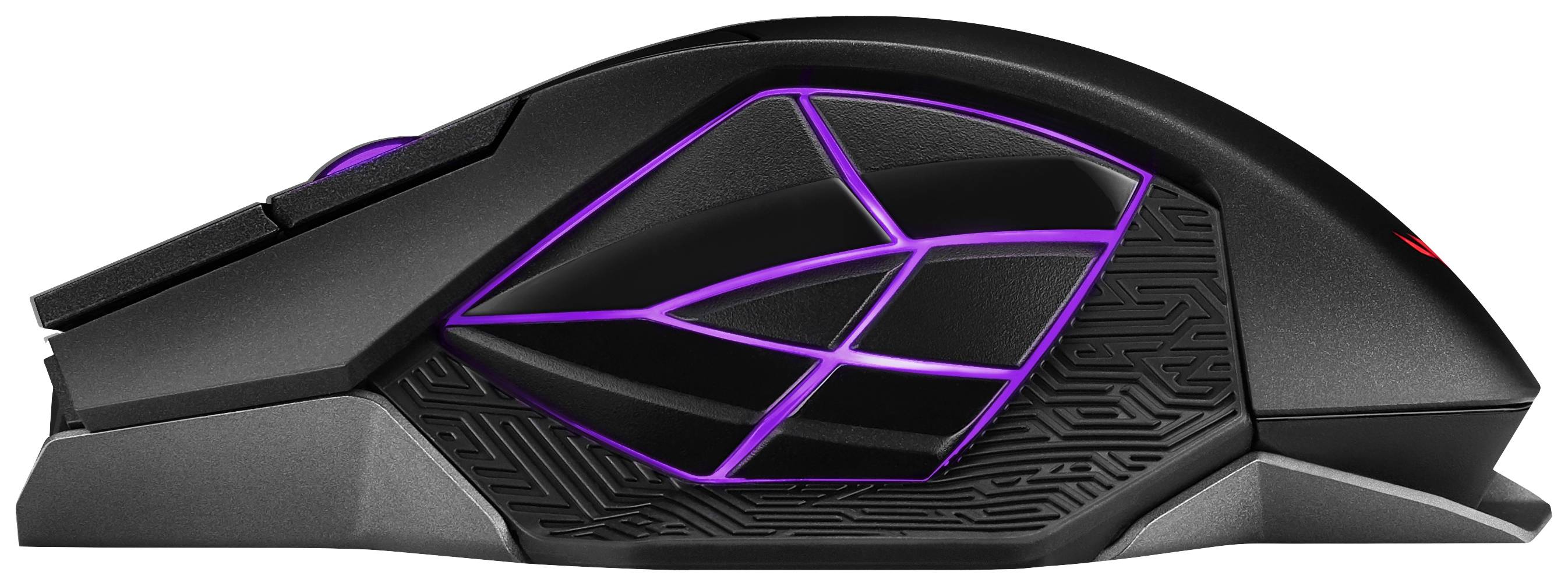 Ergonomikus kialakítású játékegér, fekete felülettel és lila LED-csíkokkal, oldalnézetben.