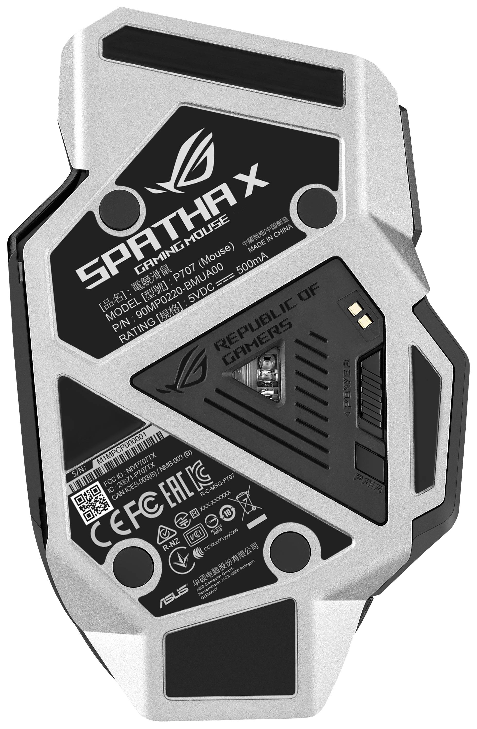 A 'Spatha X' gaming egér alulnézetben, láthatóbb technikai részletekkel és logókkal.