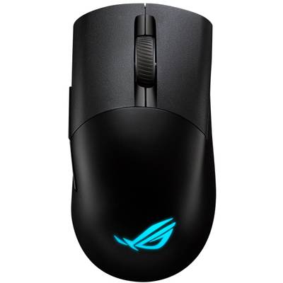 Fekete gamer egér megvilágított logóval a felületén és egy görgetősávval.