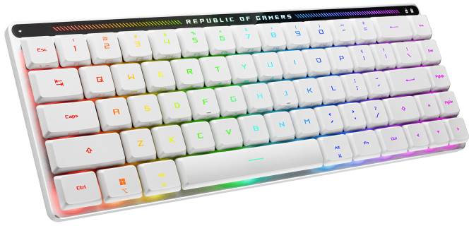 Fehér gamer-billentyűzet RGB-háttérvilágítással, amelynek tetején a 'Republic of Gamers' felirat látható.