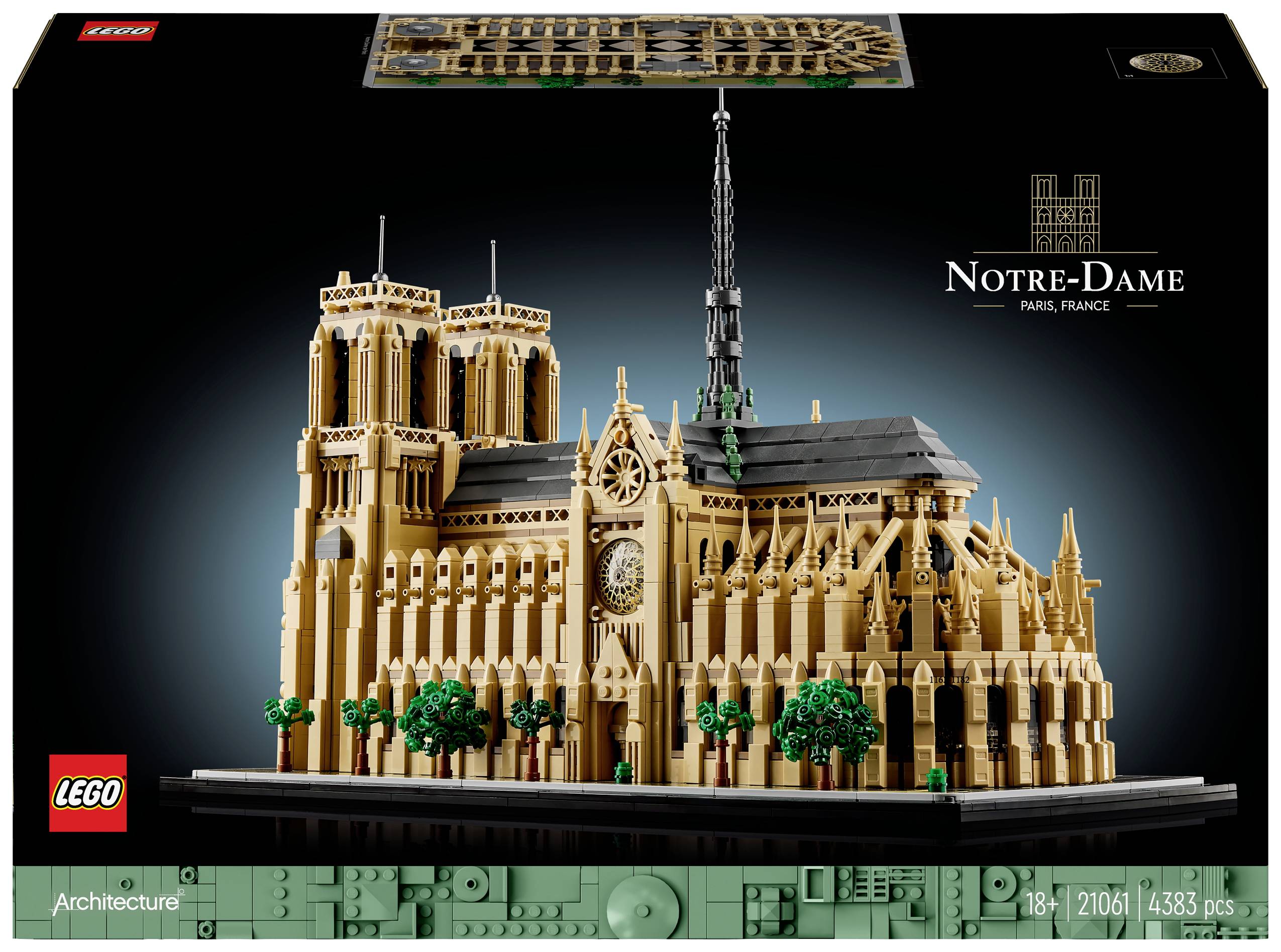 LEGO-modellszett a párizsi Notre-Dame-székesegyházról. Részletes modell tornyokkal, rózsaablakkal és központi toronnyal. Tartalmaz 4388 darabot.