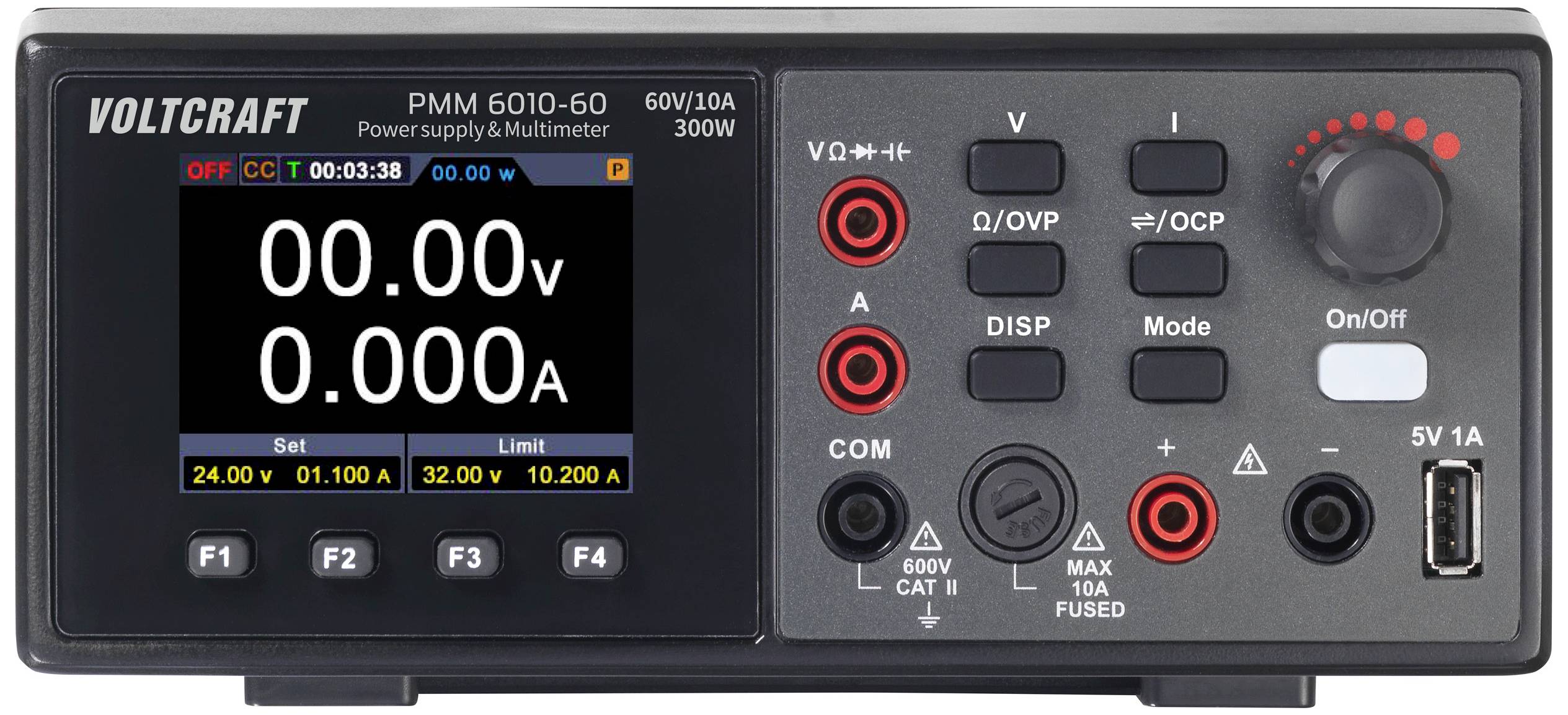 'Voltcraft PMM 6010-60' tápegység és multiméter digitális kijelzővel, amely '0,00 V' és '0,00 A' értéket mutat. Több kezelőszerv és csatlakozó a jobb oldalon.