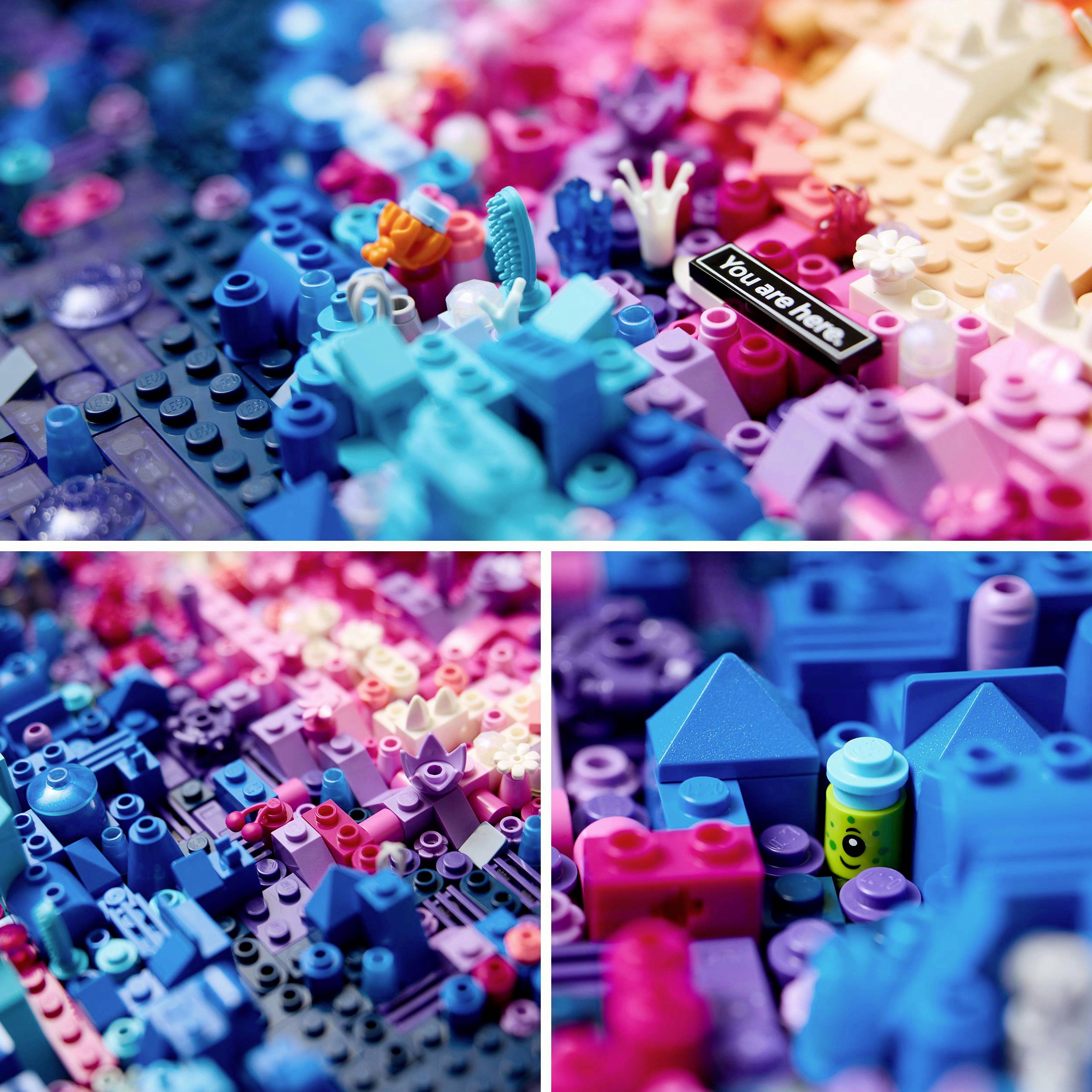 Színes Lego-kockák különböző formákban és színekben, amelyek összekapcsolódnak, egy absztrakt tájra emlékeztetnek.