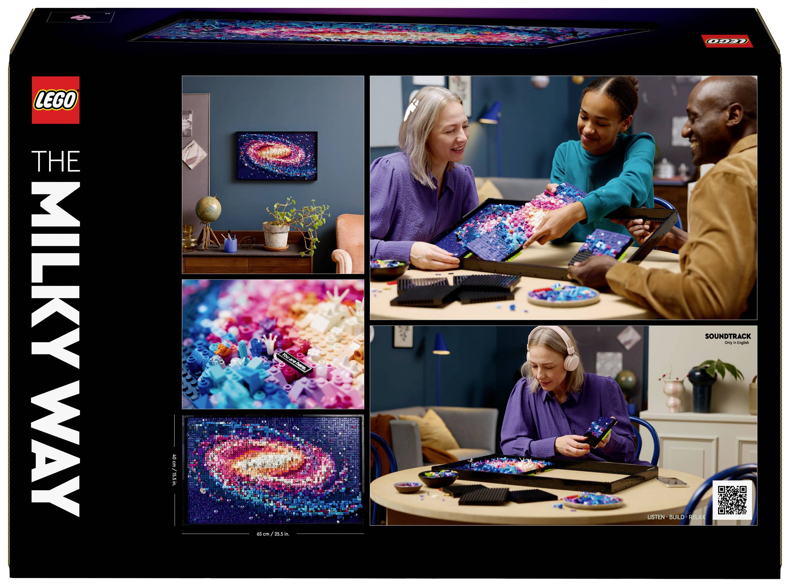LEGO-csomag három emberrel, akik egy világűr mozaikot raknak ki. A fő kép a galaxist mutatja, részletes képekkel az egyes elemekről.