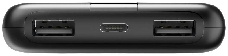 Fekete eszköz két USB-A-csatlakozóval és egy középső USB-C-csatlakozóval.