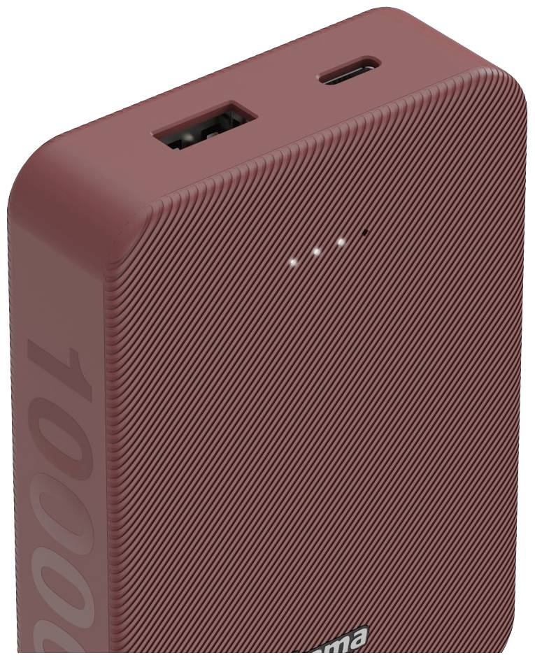 Piros power bank egy USB-porttal és egy USB-C porttal. LED-lámpák jelzik az akkumulátor töltöttségi szintjét. Kapacitás: 10000 mAh.