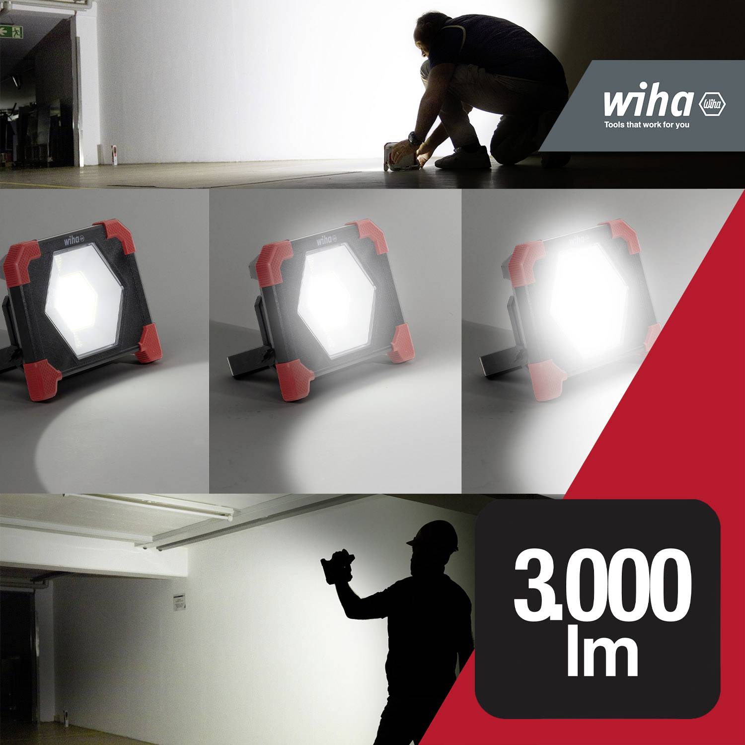 A 'Wiha' LED-es munkalámpa fényesen világítja meg a munkaterületet. Munkás térdelő helyzetben, optimális megvilágítás akár 3.000 lm-ig.