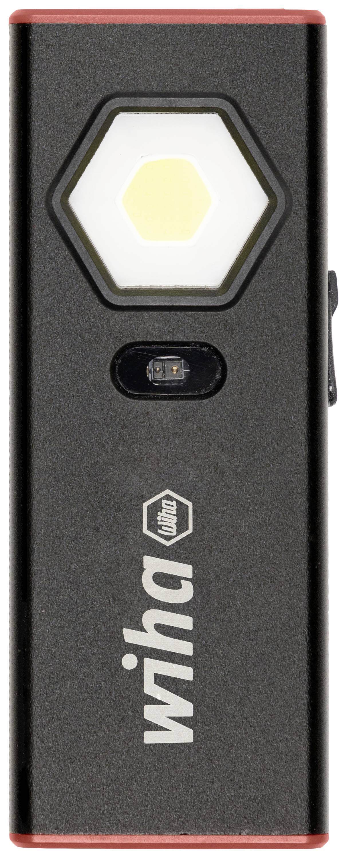 Kompakt, fekete zseblámpa hatszögletű LED-fényforrással és a 'Wiha' logóval.