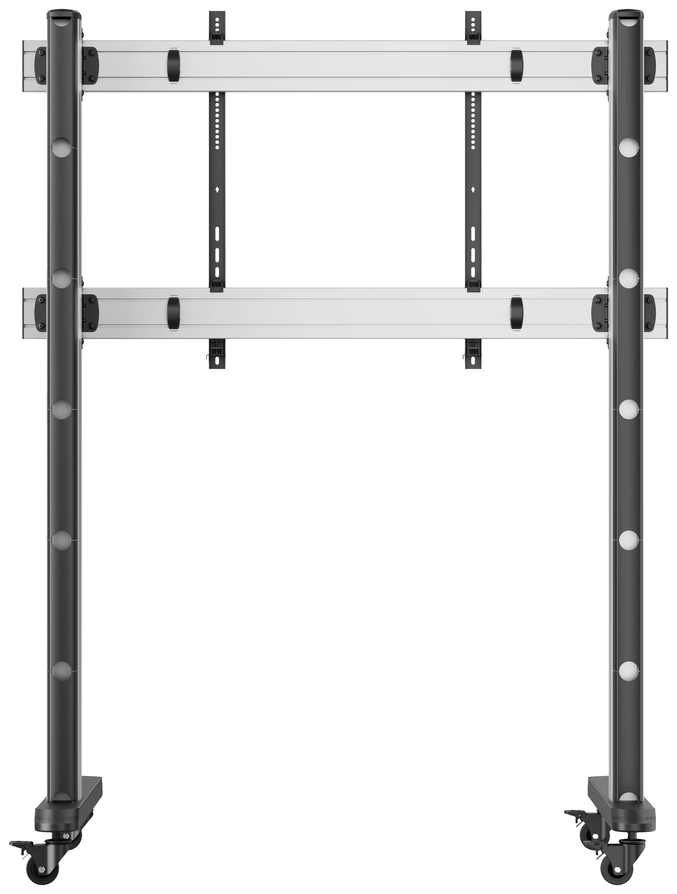 Mobil TV-állvány kerekekkel, állítható tartóval és stabil szerkezettel. Tökéletes prezentációkhoz vagy irodai környezethez.