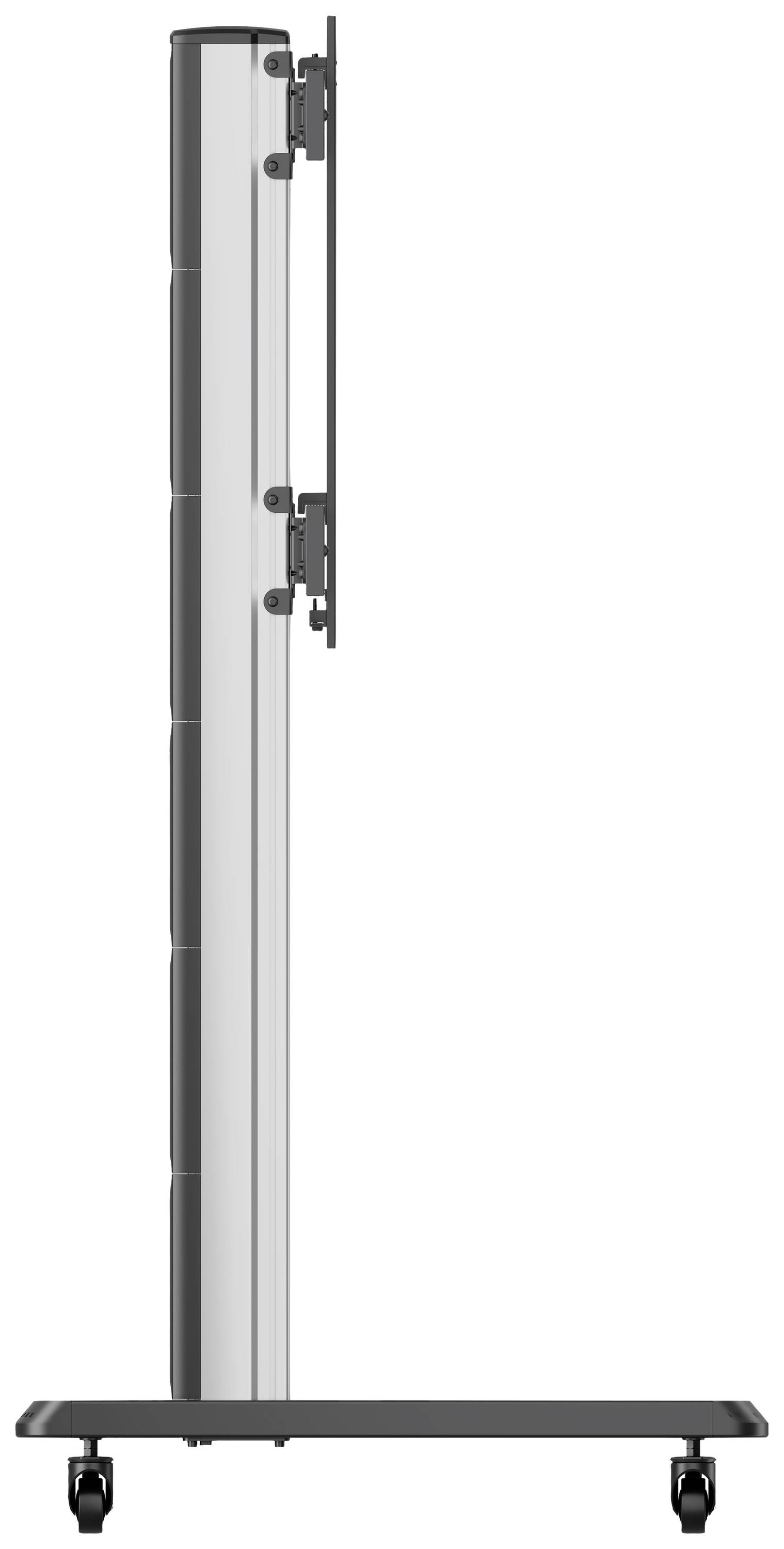 Görgős, állítható képernyőállvány, oldalnézetből, állítható rögzítőmechanizmussal és stabil, kerekeken gördülő alapzattal.