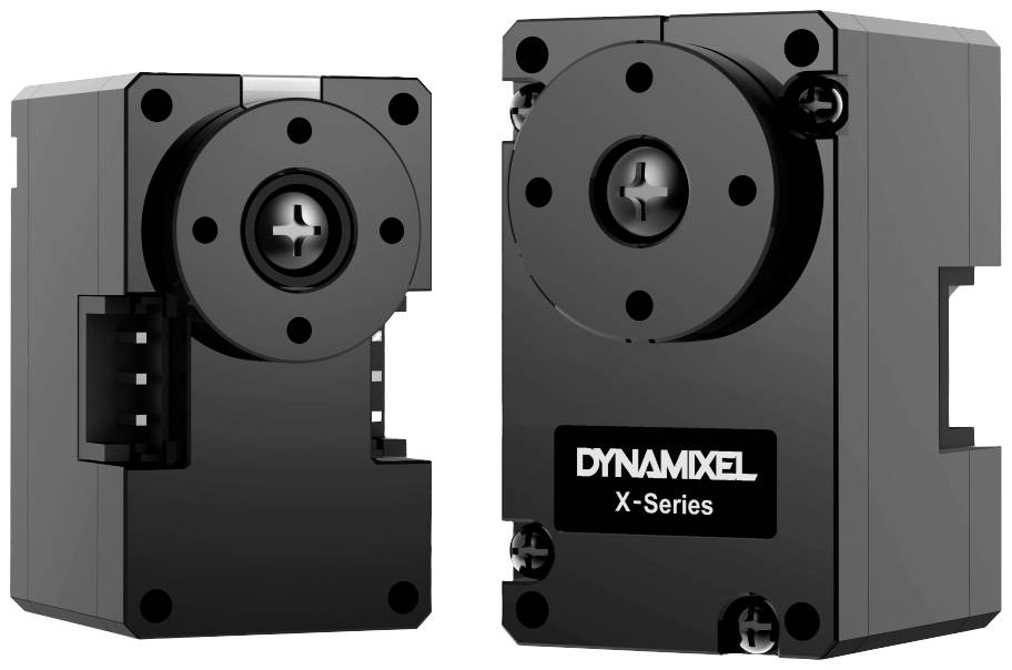 Két fekete Dynamixel X-sorozatú szervomotor, függőlegesen egymás mellett. Baloldalon a csatlakozó látható, jobboldalon a márkanév.