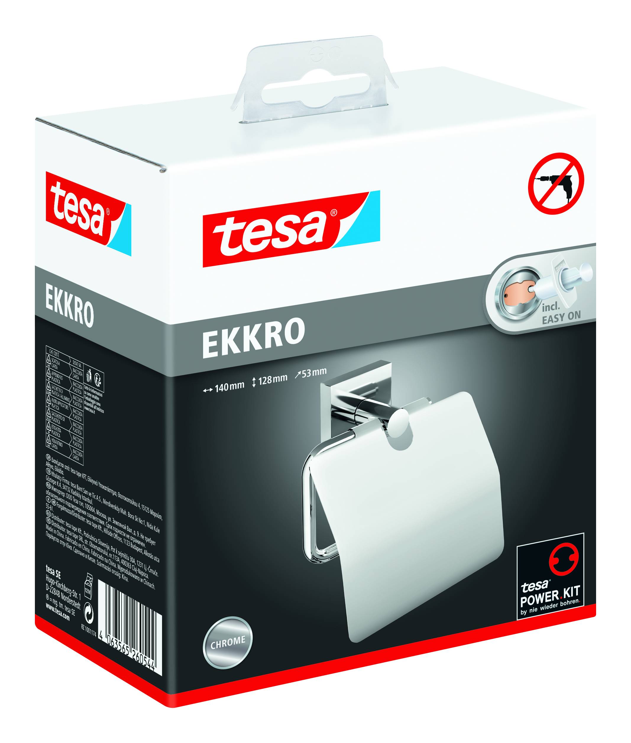 Egy Tesa Ekkro WC-papír tartó csomagolása, szerelhető rendszerrel, Easy On technológiával és Power Kit-tel, króm megjelenésben.