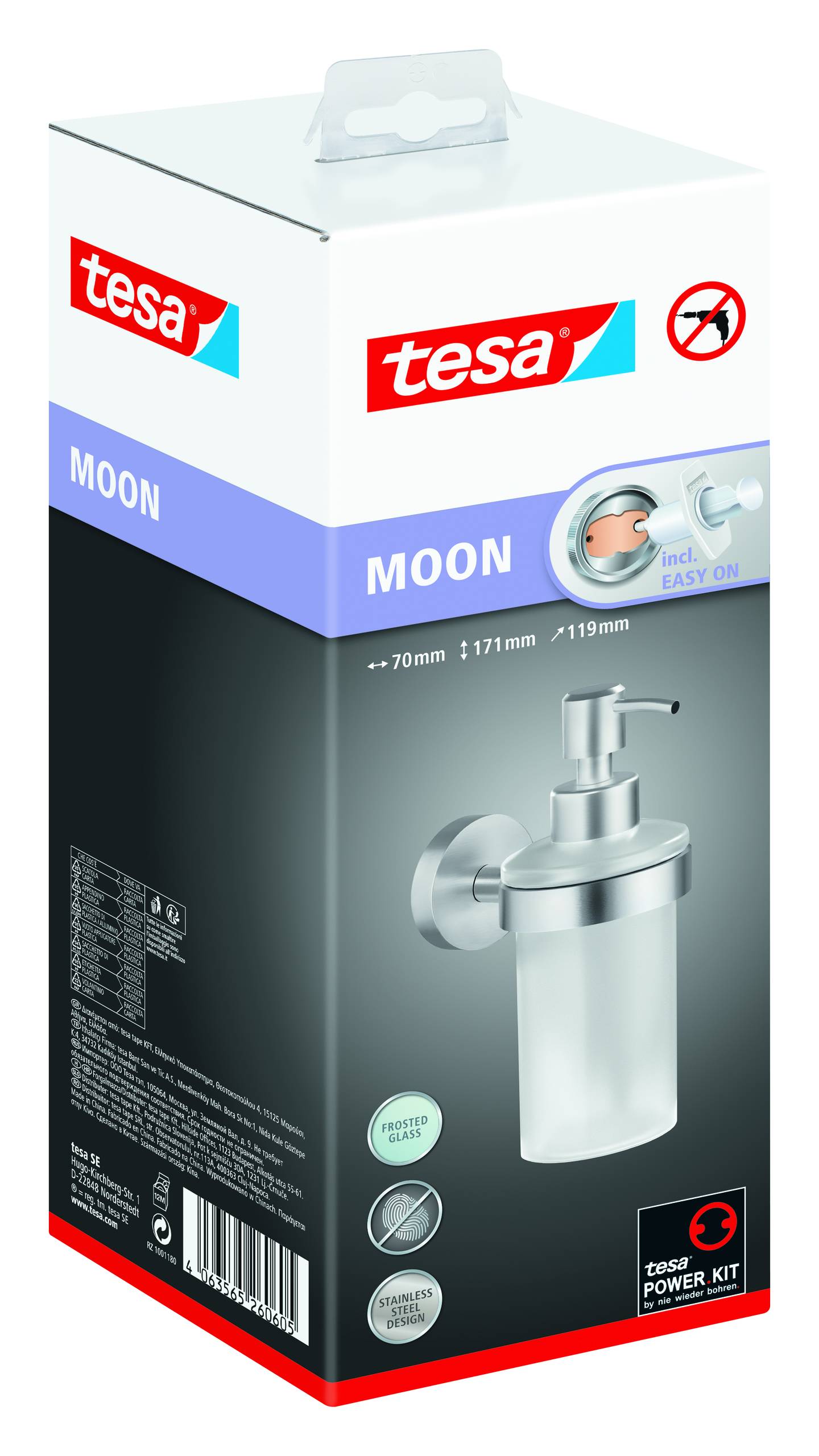 A 'tesa' márka MOON típusú szappanadagoló csomagolása, amely fali szerelést mutat Easy-On rendszerrel, méretei 70x171x119 mm.