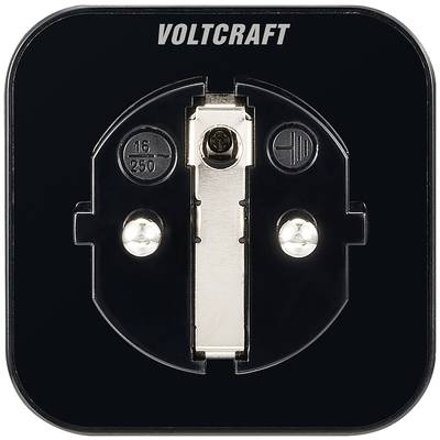 Fekete utazási adapter Schuko-dugaljjal, alkalmas európai csatlakozórendszerekhez. Márka: Voltcraft.
