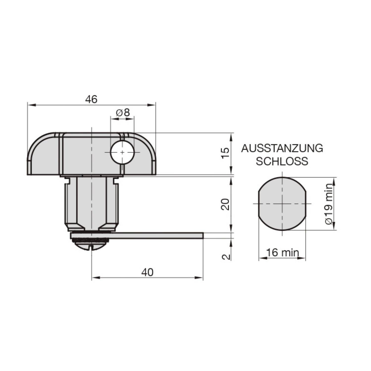 Műszaki rajz egy zárról milliméteres méretekkel. Szélesség: 46, Magasság: 20, Kivágás: 8 mm átmérő. Kiegészítő méretek és részletek feltüntetve.