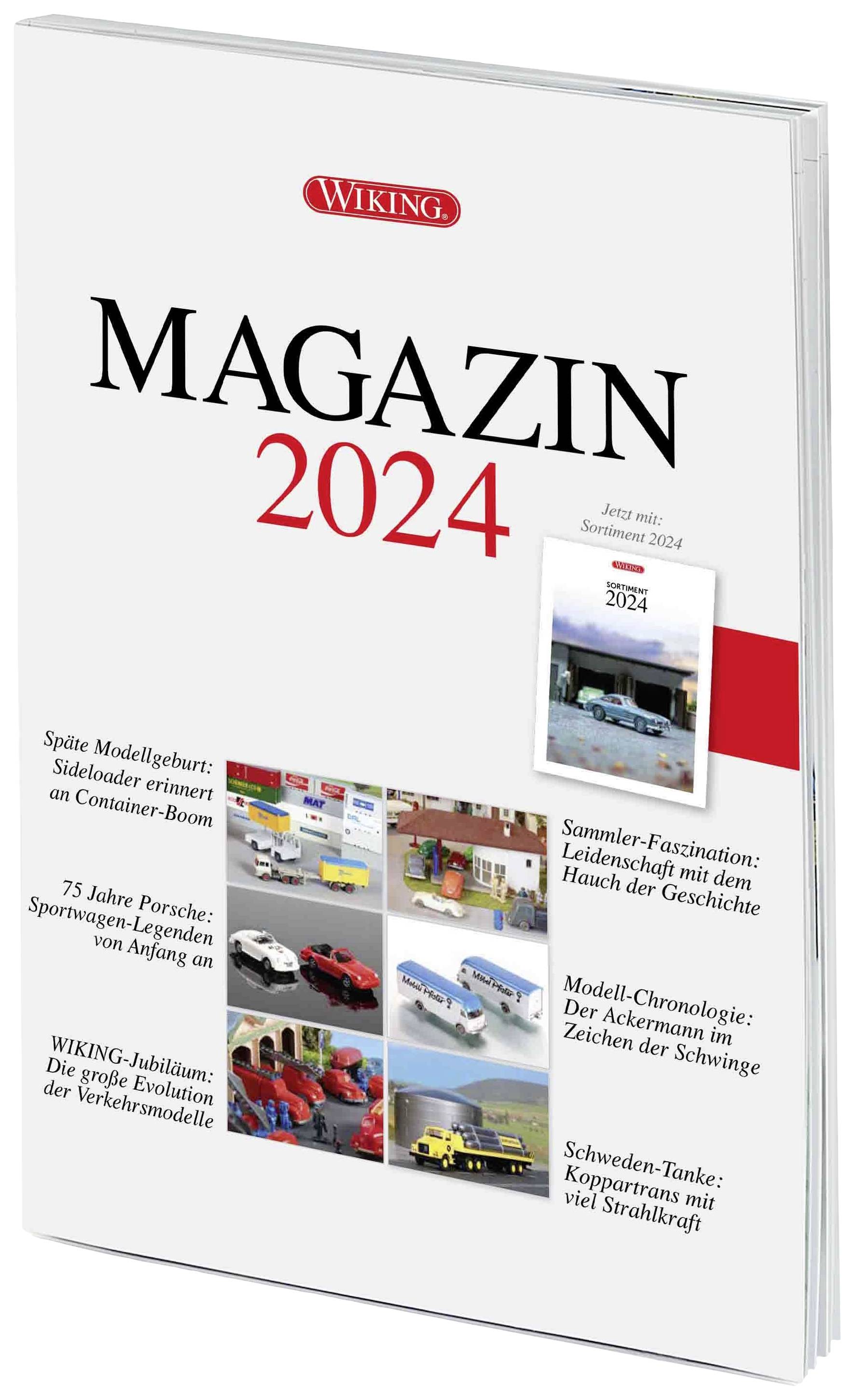 A 2024-es 'Wiking Magazin' címlapja. Előzetes a miniatűr járművekről és cikkekről, beleértve egy traktort, egy buszt és egy benzinkutat.