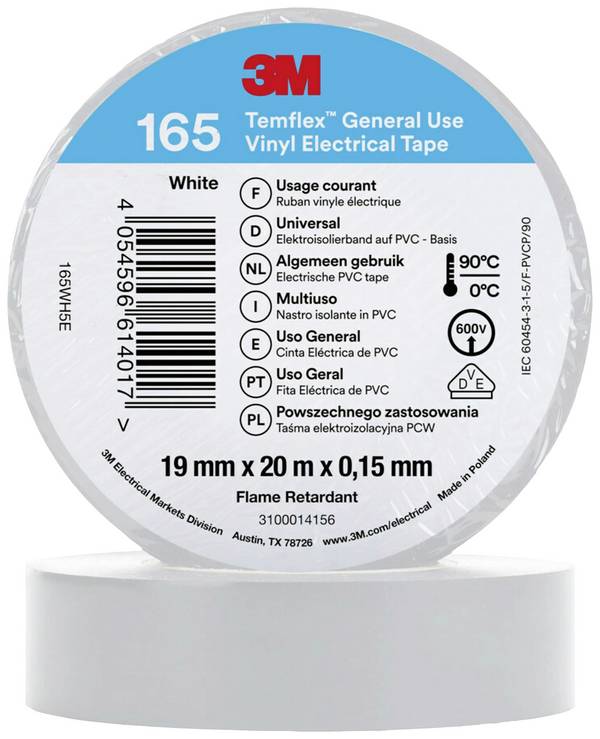 3M  165WH5E Szigetelőszalag  Fehér (H x Sz) 20 m x 19 mm 1 db