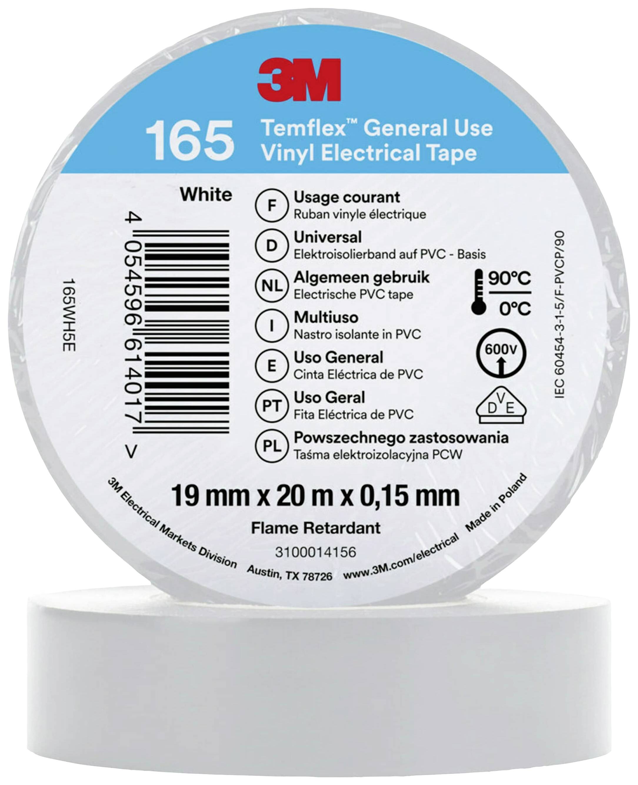 Fehér elektromos szigetelőszalag '3M Temflex 165', átmérő 19 mm x 20 m x 0,15 mm. Több nyelven nyomtatott szövegekkel.