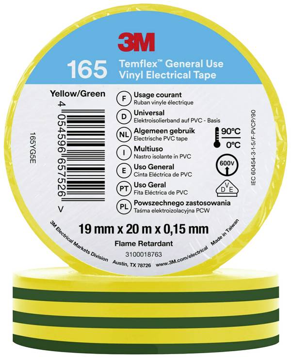 3M  165YG5E Szigetelőszalag  Zöld/Sárga (H x Sz) 20 m x 19 mm 1 db