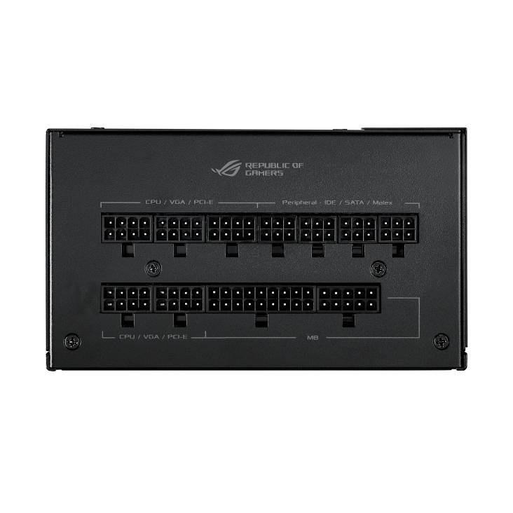 Egy számítógép tápegység hátoldala, amelyen különböző csatlakozók láthatók a CPU, VGA, PCIe, perifériás eszközök és az alaplap csatlakoztatásához.