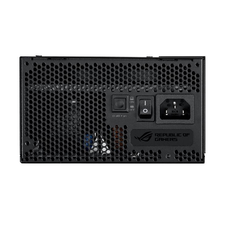'Egy Republic of Gamers márkájú fekete számítógép tápegység több szellőzőnyílással és egy be-/kikapcsoló gombbal.'