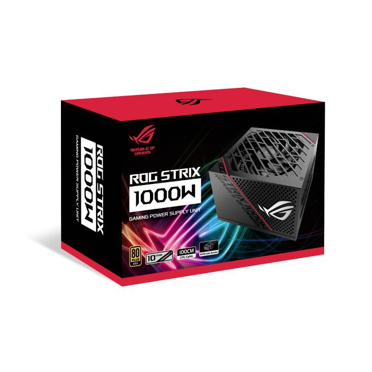 Egy ROG Strix márkájú 1000 wattos gaming tápegység csomagolása látható, 80 Plus Gold hatékonysági jelöléssel.