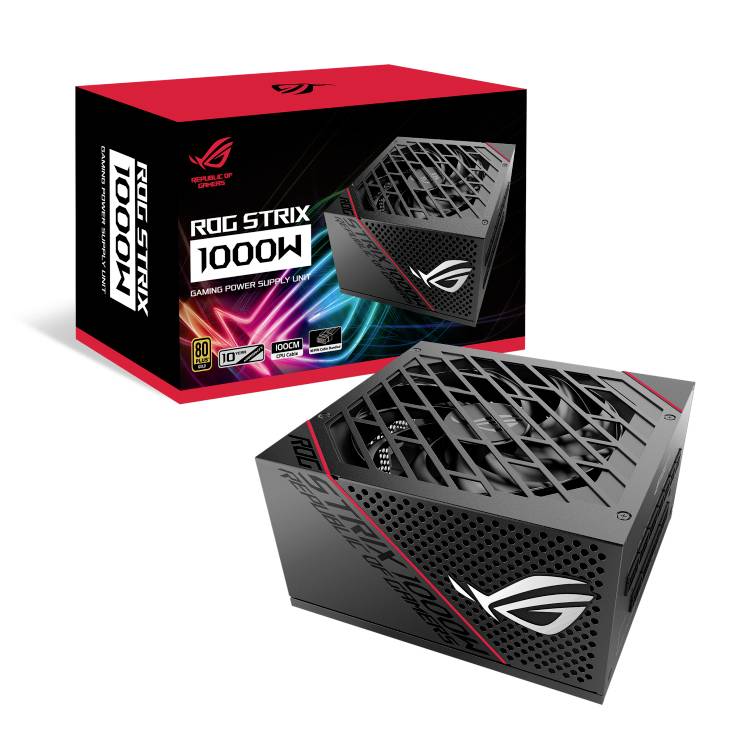 ROG Strix 1000W Gaming tápegység, a csomagoláson és a készüléken feltüntetve. Logókat, terméknevet és teljesítményadatokat tartalmaz.