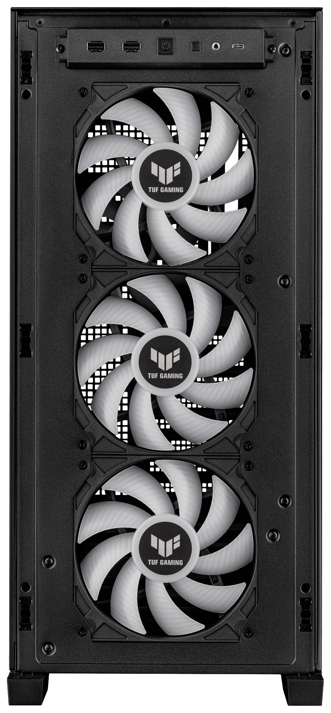 Egy fekete számítógépház három nagy, fehér ventilátorral elöl. Felül USB-csatlakozók és egy be-/kikapcsoló gomb található.