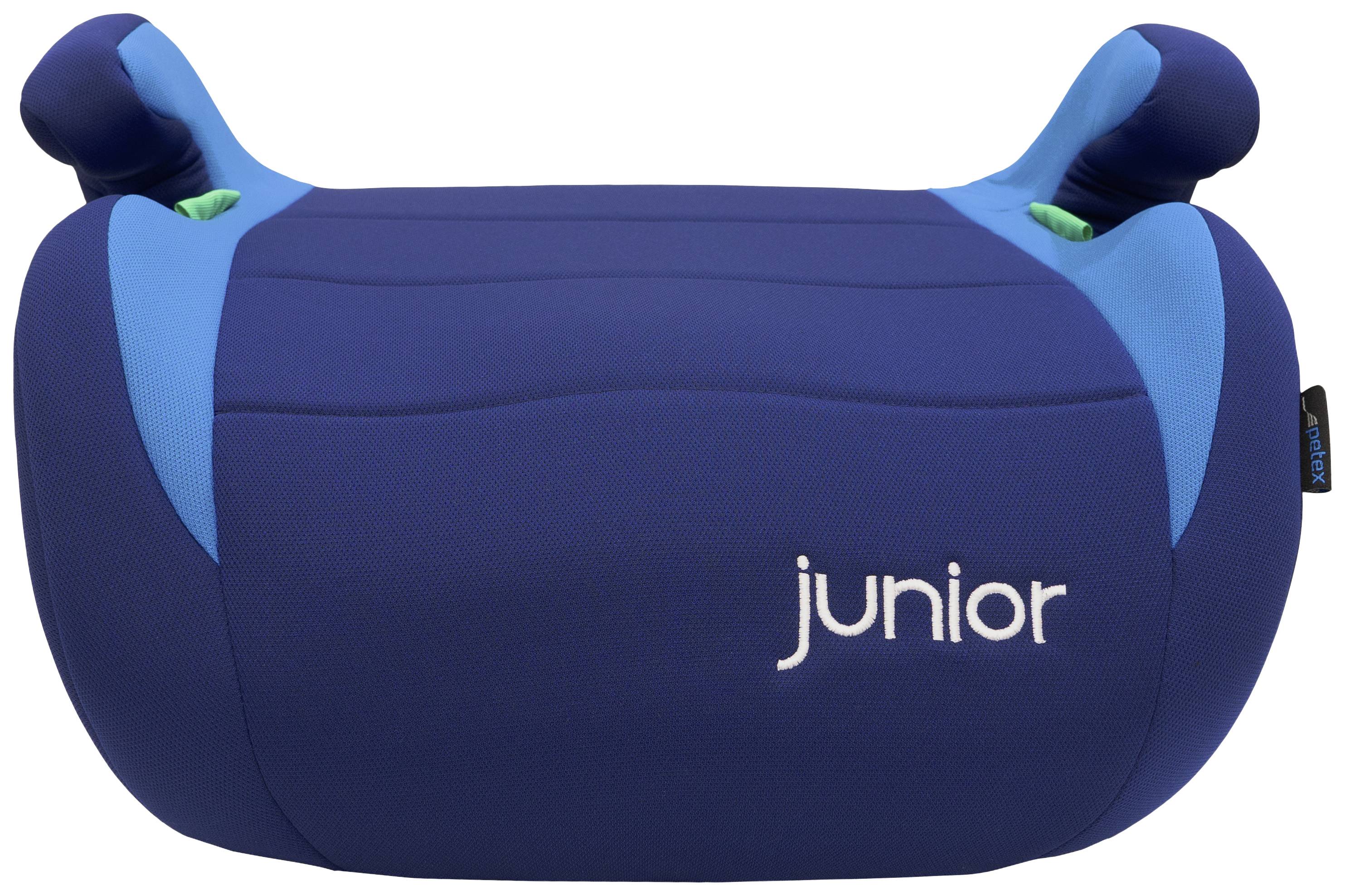 Egy kék ülőpárna 'junior' felirattal az elején, gyerekek számára alkalmas.