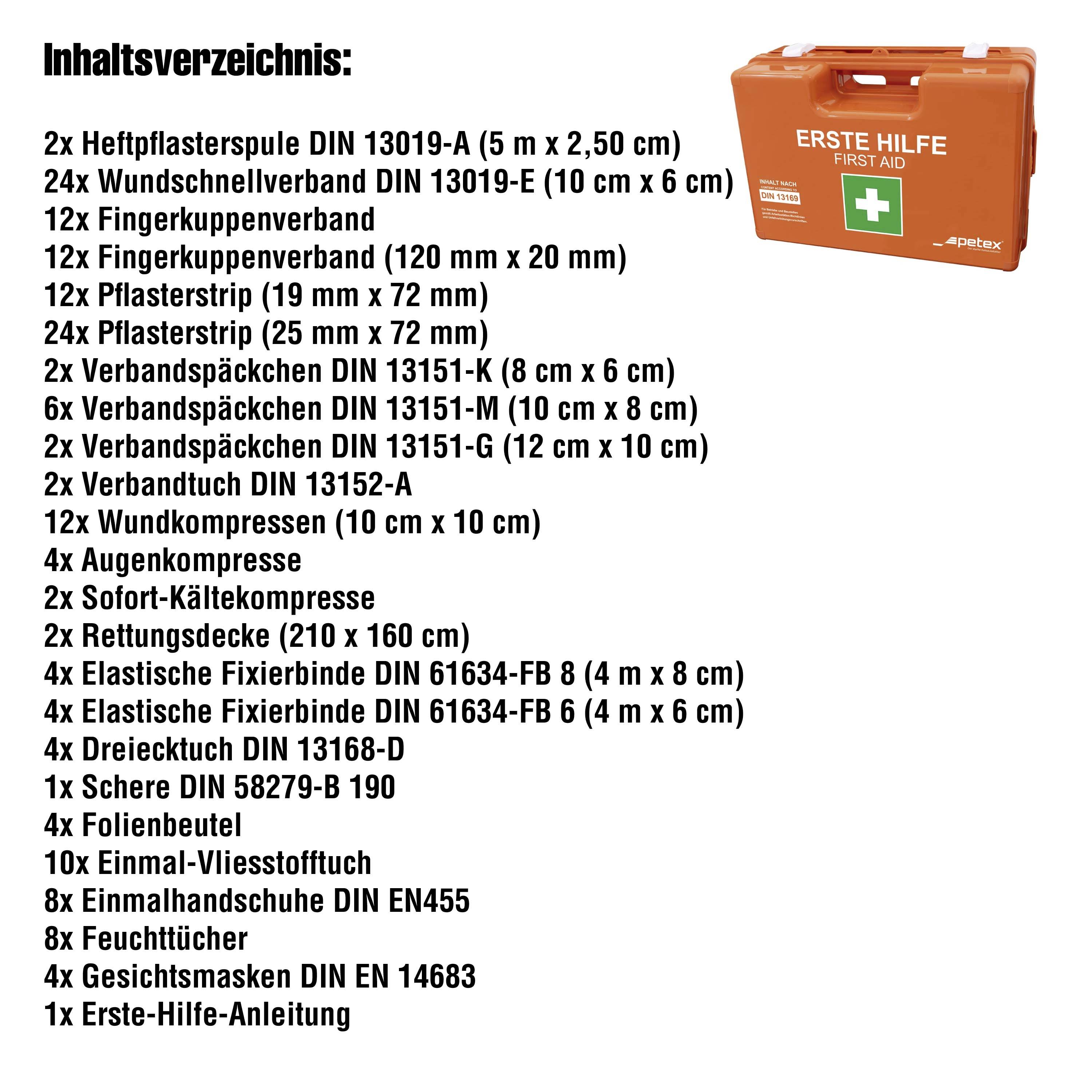 Tartalomjegyzék elsősegély dobozhoz. Felsorol 21 orvosi cikket, többek között ragtapaszokat, kötszereket, szemöblítőt és útmutatókat.