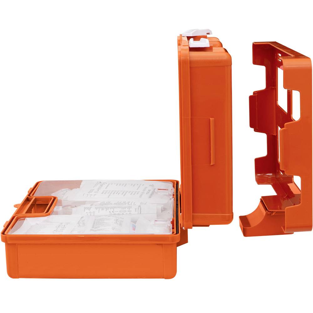 Egy nyitott narancssárga elsősegélydoboz látható, amelyben kötszerek és orvosi felszerelések vannak.