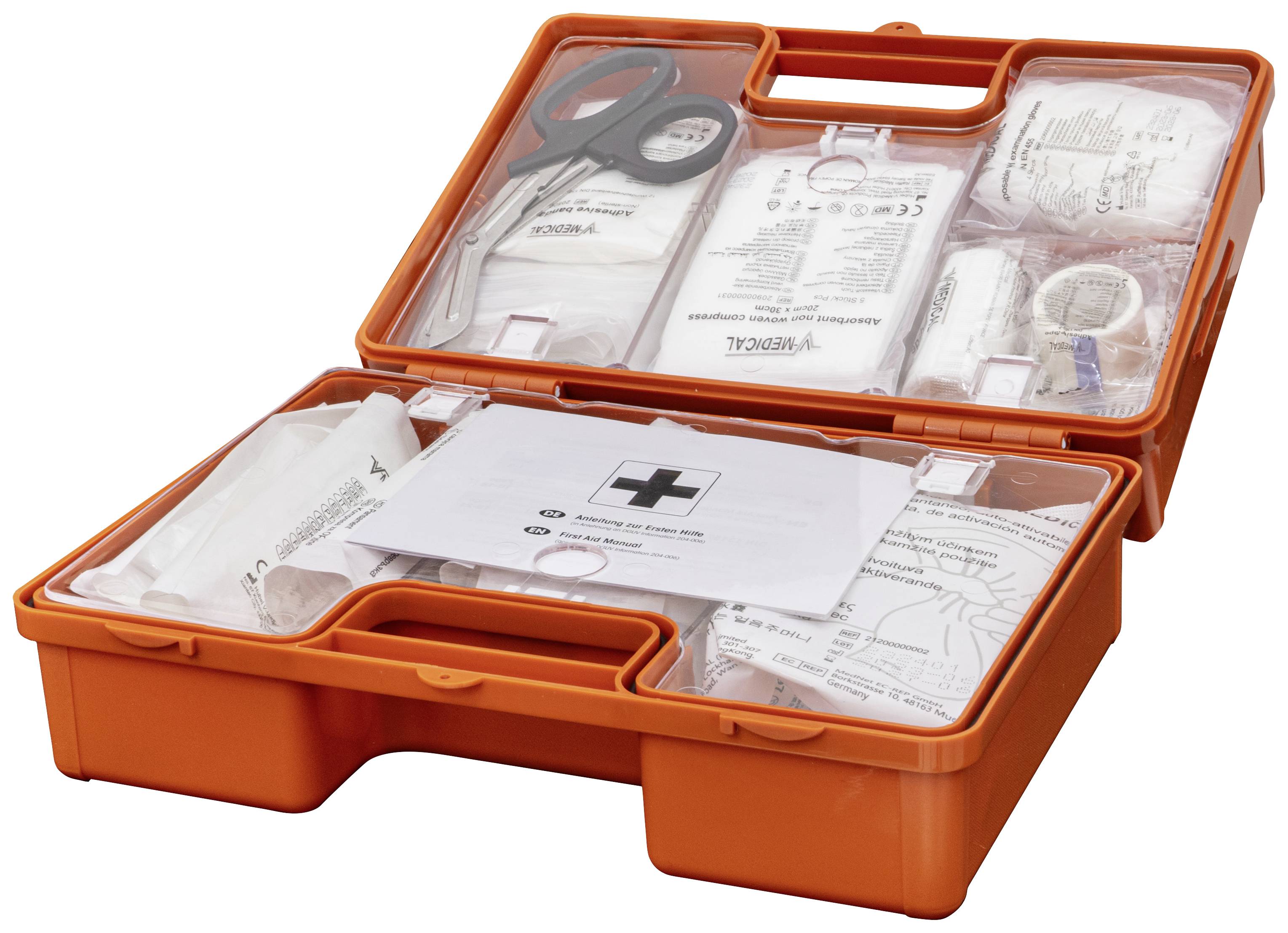 Egy nyitott, narancssárga elsősegély-doboz. Tartalmaz kötszereket, ollót és egyéb orvosi segédeszközöket vészhelyzetek esetére.