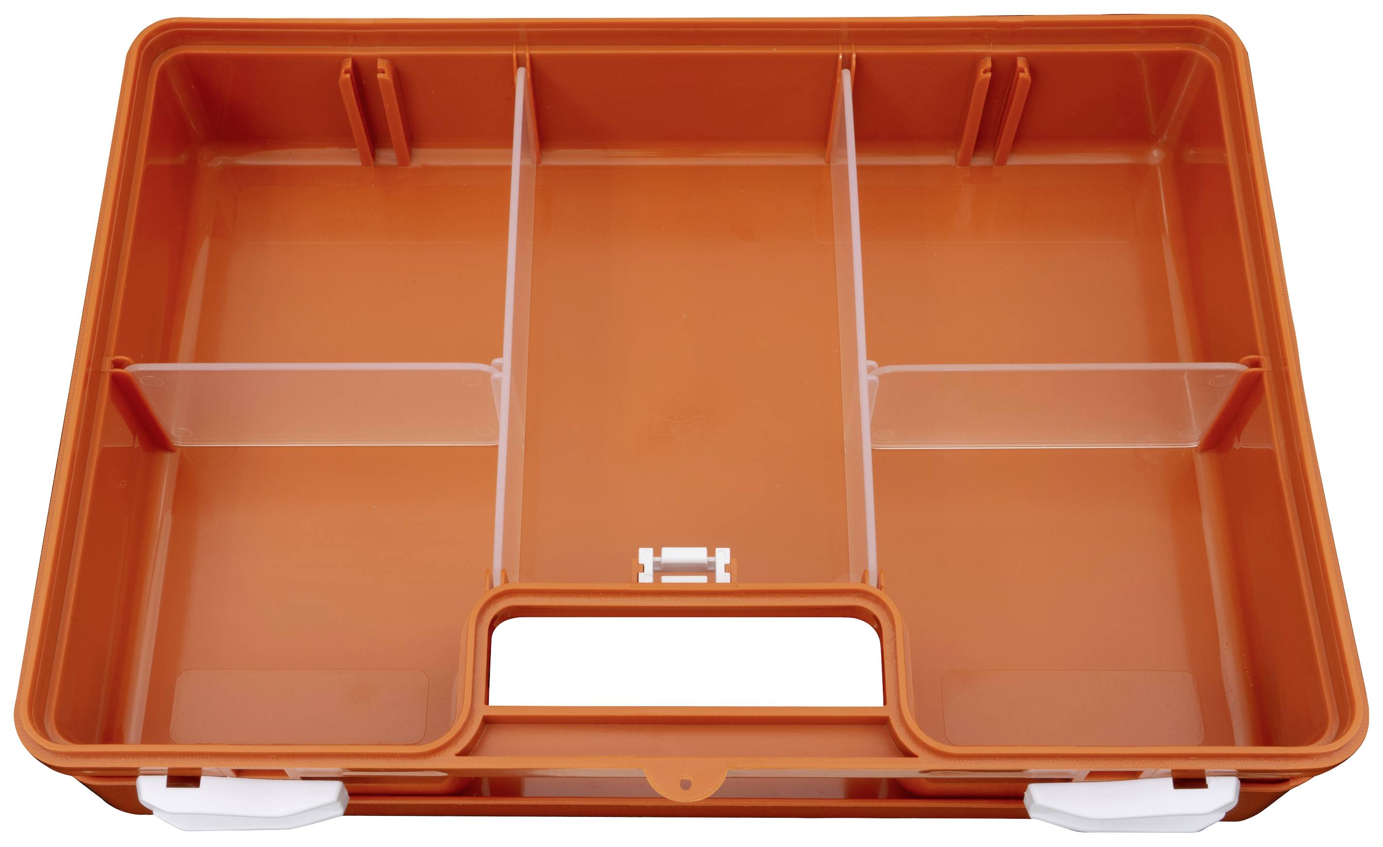 Narancssárga műanyag láda négy rekesszel, fogantyúval és zárral. Alkalmas szerszámok vagy apró alkatrészek tárolására.