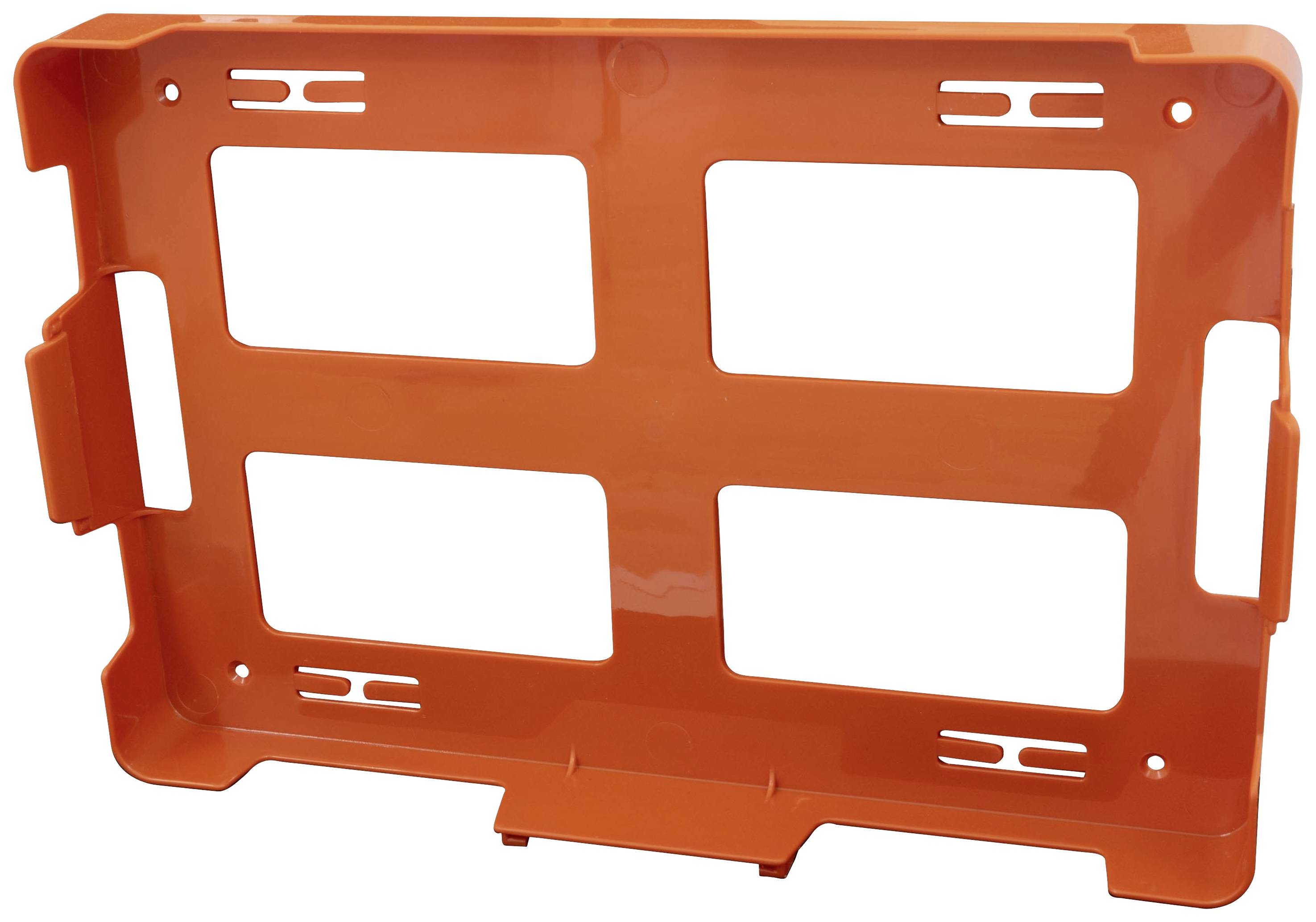 Egy narancssárga, téglalap alakú műanyag keret, négy nagy nyílással, amely alkalmas tárgyak rendszerezésére vagy tárolására.