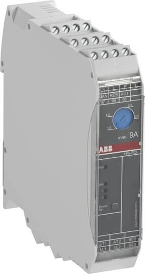 Kék forgatógombos elektromos kapcsolókészülék több csatlakozókapoccsal felül, amelyen az 'ABB' gyártói logó látható.