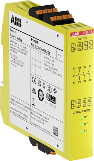 ABB biztonsági relé BSR11P, sárga ház, több biztonsági és tanúsítási jelölés az elülső oldalán.