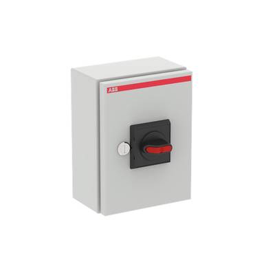Egy szürke elektromos kapcsolószekrény, piros forgókapcsolóval az elején, ipari alkalmazásokhoz tervezve.