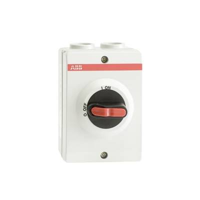 Egy fehér kapcsolószekrény piros karral mutatja az 'ON' és 'OFF' pozíciókat. Felül piros 'ABB' logó.