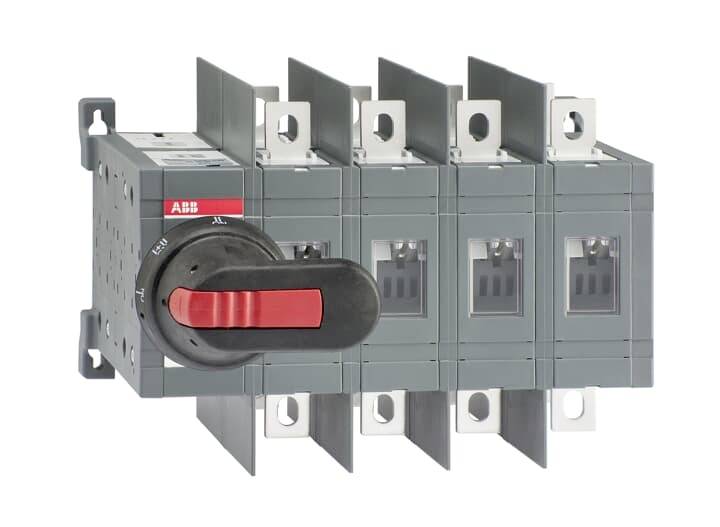 Szürke elektromos biztonsági kapcsoló négy leválasztó modullal és egy piros karos fogantyúval, ipari alkalmazásokhoz tervezve.