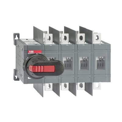 Szürke elektromos biztonsági kapcsoló négy leválasztó modullal és egy piros karos fogantyúval, ipari alkalmazásokhoz tervezve.