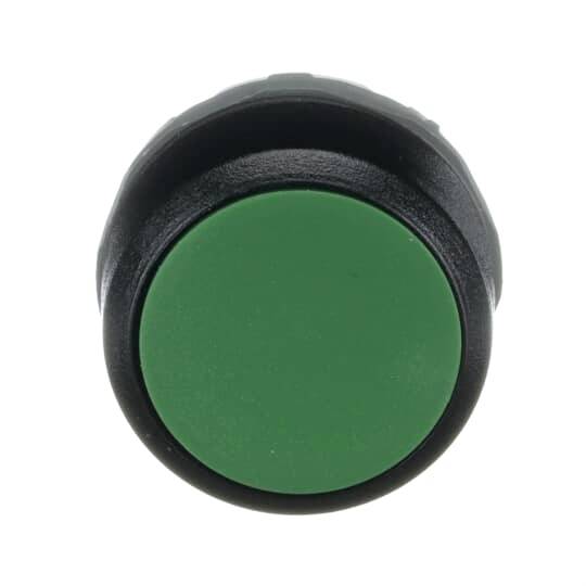 Zöld gomb fekete háttéren, felülnézetben.