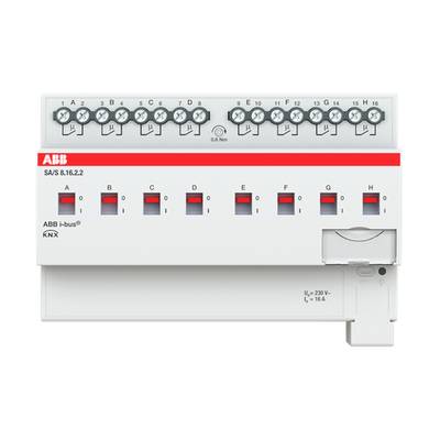 8 csatornás KNX kapcsolóaktor, ABB i-bus modell. Gombok és csatlakozók sorai felül, a feliratozás 'A'-tól 'H'-ig terjed.
