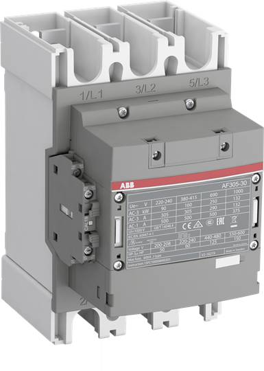Egy ABB márkájú, AF305-30 típusú elektromos mágneskapcsoló kapcsolótáblákhoz. Alkalmas legfeljebb 305 A áramerősségig, feszültségi értékekkel és csatlakozási jelölésekkel.