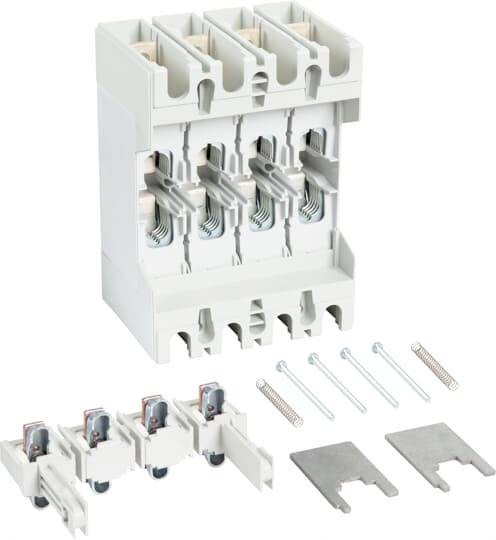 Egy hárompólusú biztosítéktartó három biztosítékkal, öt csavarral és két fémlemezzel. Alkalmas elektromos kapcsolótáblákhoz.