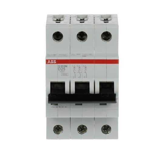 Egy hárompólusú, automatikus ABB S203M D25 típusú áramköri védőkapcsoló, amely túlterhelés és rövidzárlat elleni védelemre lett kifejlesztve.